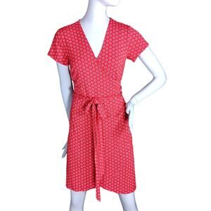 Loft Red Wrap Dress With White Floral Pattern Size 2 Short Sleeve Rayon Blend